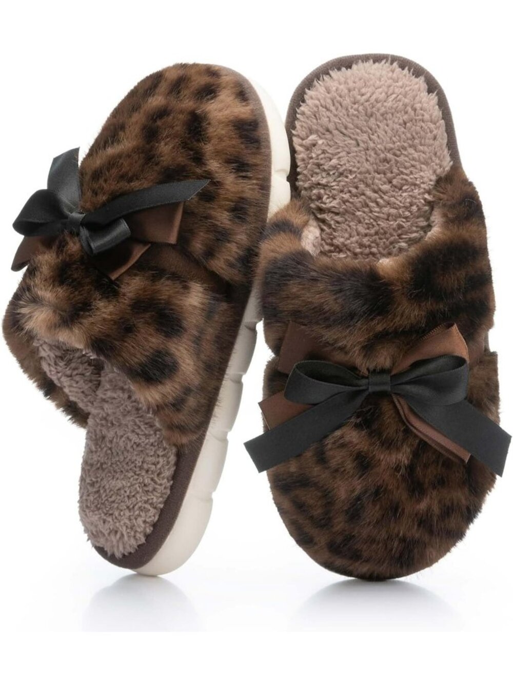 Women's Leopard Memory Foam Fuzzy Plush Cozy Shoes With Bow Comfortable Slippers